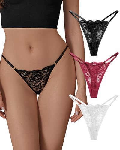 SHARICCA Spitze String Tanga Damen—Hipster Sexy Unterwäsche Niedrige Taille mit Verstellbarem Taillenband Slip String Set Atmungsaktiv T-Back Thong Mehrpack(Mehrfarbig-3P02-M) von SHARICCA