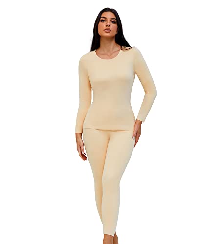 SHARICCA Thermo UnterwäSche Dame Winter Ultraweich ThermounterwäSche Damen U Ausschnitt Unsichtbar FunktionsunterwäSche Set FüR Frauen Winter Warm (1P02-Beige, XL) von SHARICCA