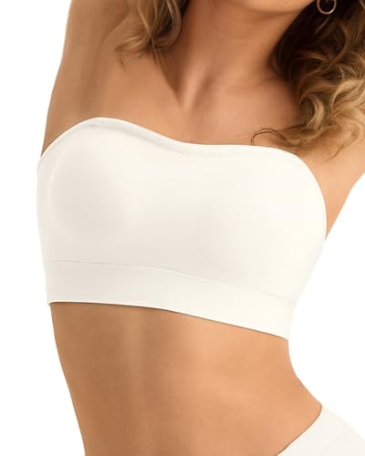 SHARICCA Trägerloser BH Damen ohne Bügel Nahtlos Bandeau BH ohne Träger Push Up Nahtlos Tube Top BHS Gepolsterter Bralette mit Rutschfestes Silikon Strapless Bra(Weiß-S) von SHARICCA