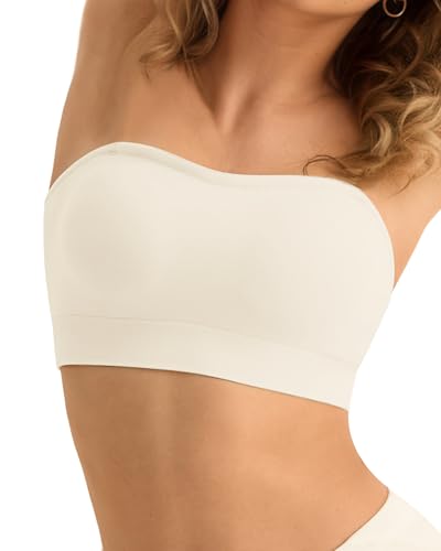 SHARICCA Trägerloser BH Damen ohne Bügel Nahtlos Bandeau BH ohne Träger Push Up Nahtlos Tube Top BHS Gepolsterter Bralette mit Rutschfestes Silikon Strapless Bra(Cremefarben-M) von SHARICCA