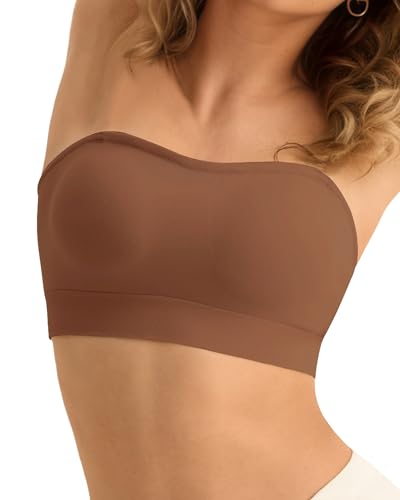SHARICCA Trägerloser BH Damen ohne Bügel Nahtlos Bandeau BH ohne Träger Push Up Nahtlos Tube Top BHS Gepolsterter Bralette mit Rutschfestes Silikon Strapless Bra(Dunkelbraun-M) von SHARICCA