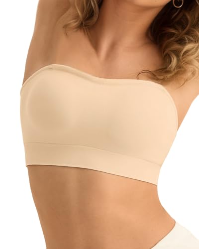 SHARICCA Trägerloser BH Damen ohne Bügel Nahtlos Bandeau BH ohne Träger Push Up Nahtlos Tube Top BHS Gepolsterter Bralette mit Rutschfestes Silikon Strapless Bra(Beige-S) von SHARICCA