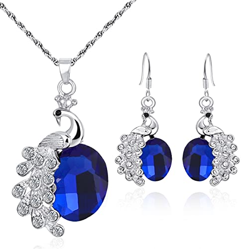 SHARRB Pfau Blau Kristall Halskette Ohrringe Elegante Dame Tier Schmuck for Frauen Set Jubiläumsgeschenk for Frau 1Stk (Color : XL852-Bule) von SHARRB