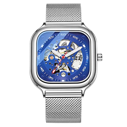 SHATONG Fashion Business Dreihand Herrenuhr Automatische mechanische Hohle wasserdichte Uhr Edelstahl-Netzarmband Kratzfest Elegantes Geschenk von SHATONG