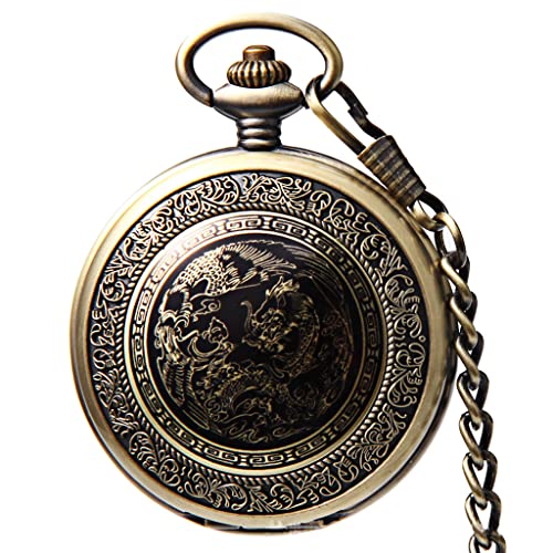 SHATONG Klassiker Dragon and Phoenix Gravierte Skelett Mechanische Goldwerk Taschenuhr mit Römische Ziffern,Vatertagsgeschenk Geschenk für den Vater von SHATONG