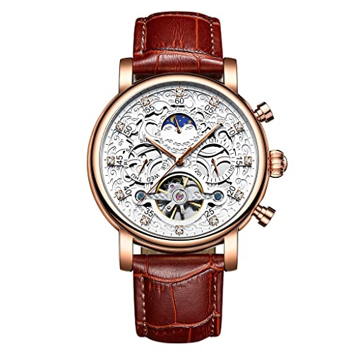 SHATONG Multi-Dial Business Casual Mechanisch Uhren für Männer Multifunktions Wasserdicht Kalender Armbanduhr mit Lederarmband,42 mm Gehäusegröße von SHATONG
