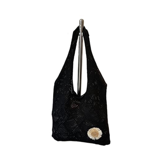 SHBHWS Gehäkelte Einkaufstasche mit Blumenmuster, Netzstoff, Strandtasche, gestrickt, for Reisen und Urlaub(Black) von SHBHWS