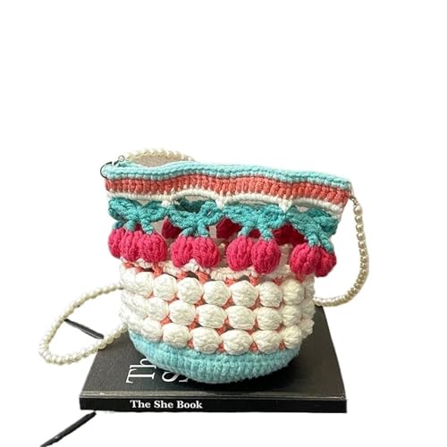 SHBHWS Süße Häkel-Handtasche mit Blumenmuster, Handytasche, Damen-Umhängetasche mit Perlenkette, MiniFashion, gestrickte Eimer-Umhängetasche for Damen und Mädchen(Pink) von SHBHWS