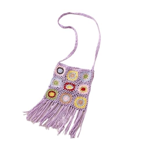 Weibliche Granny Square Häkeln Floral Öse Fransen Klappe Seite Sling Schulter Tasche Handtasche(PURPLE) von SHBHWS