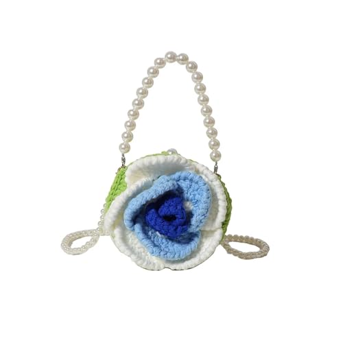 Women’s Rose Flower Shaped Pearl Clutch, Mini Floral Woven Beaded Shoulder Purse(Blue) von SHBHWS