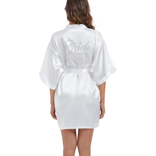 SHCNSJC Bride Morgenmantel Damen Kimono Satin Bademantel Leicht Japanisch Hochzeit Bademäntel Pyjama Kurz,Weiß,L von SHCNSJC