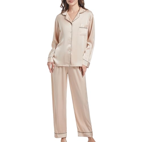 SHCNSJC Damen Langarm Schlafanzug Satin Pyjama Set Nachtwäsche mit Knopfleiste Damen Winter Hausanzug mit Umlegekragen,Champagner,XXL von SHCNSJC
