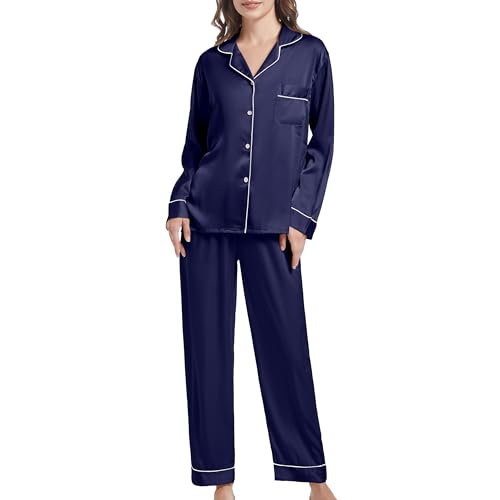SHCNSJC Damen Langarm Schlafanzug Satin Pyjama Set Nachtwäsche mit Knopfleiste Damen Winter Hausanzug mit Umlegekragen,Dunkelblau,L von SHCNSJC