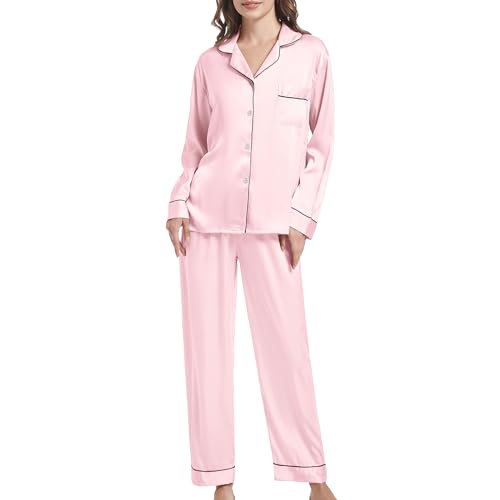 SHCNSJC Damen Langarm Schlafanzug Satin Pyjama Set Nachtwäsche mit Knopfleiste Damen Winter Hausanzug mit Umlegekragen,Rosa,M von SHCNSJC