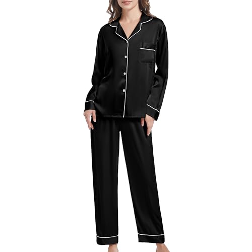 SHCNSJC Damen Langarm Schlafanzug Satin Pyjama Set Nachtwäsche mit Knopfleiste Damen Winter Hausanzug mit Umlegekragen,Schwarz,XL von SHCNSJC