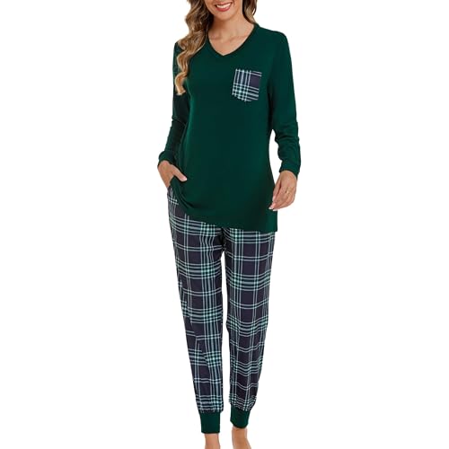SHCNSJC Damen Langer Schlafanzug Zweiteiliger Pyjama Set Winter Damen Hausanzug Langarm Nachtwäsche mit Karierter Hose,Grün,M von SHCNSJC