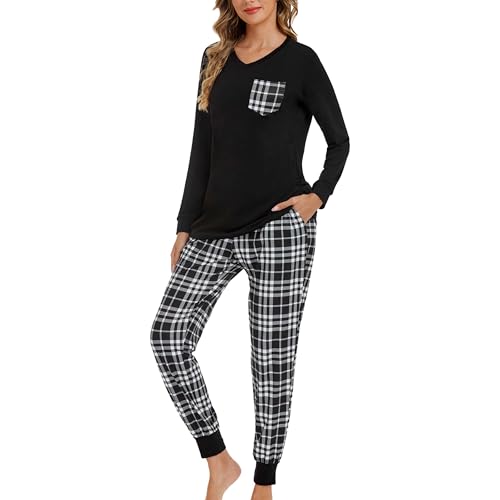 SHCNSJC Damen Langer Schlafanzug Zweiteiliger Pyjama Set Winter Damen Hausanzug Langarm Nachtwäsche mit Karierter Hose,Schwarz,S von SHCNSJC