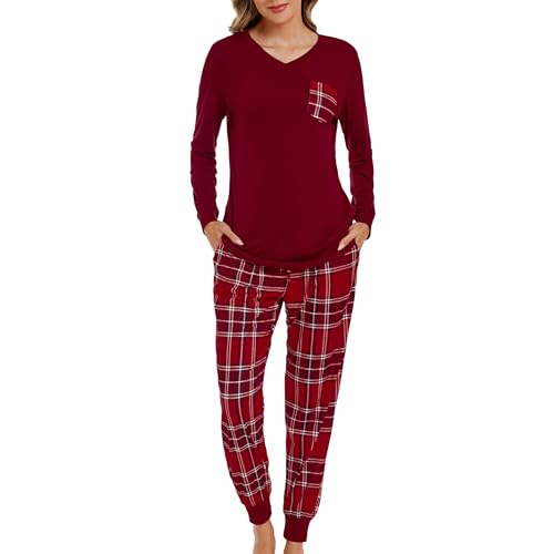 SHCNSJC Damen Langer Schlafanzug Zweiteiliger Pyjama Set Winter Damen Hausanzug Langarm Nachtwäsche mit Karierter Hose,Weinrot,S von SHCNSJC