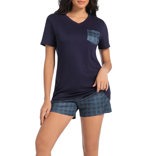 SHCNSJC Damen Schlafanzug Sommer Pyjama Kurz Set Schlafshirt Damen Kurzarm Baumwolle Shorty Nachtwäsche Zweiteiliger mit Karierter Hose, Blue L von SHCNSJC