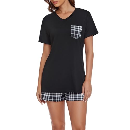 SHCNSJC Damen Schlafanzug Sommer Pyjama Kurz Set Schlafshirt Damen Kurzarm Baumwolle Shorty Nachtwäsche Zweiteiliger mit Karierter Hose,Schwarz,L von SHCNSJC