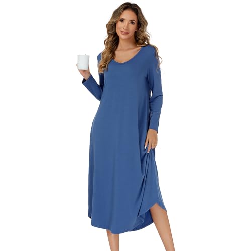 SHCNSJC Nachthemd Damen lang V-Ausschnitt Langarm Nachthemd für Damen Winter Nachtkleid langes Schlafhemd mit Taschen,Blau,M von SHCNSJC