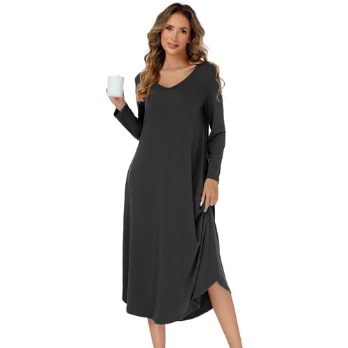 SHCNSJC Nachthemd Damen lang V-Ausschnitt Langarm Nachthemd für Damen Winter Nachtkleid langes Schlafhemd mit Taschen,Dunkelgrau,L von SHCNSJC