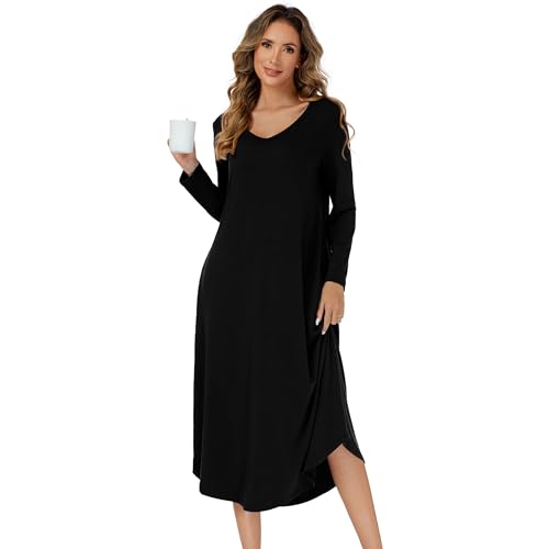 SHCNSJC Nachthemd Damen lang V-Ausschnitt Langarm Nachthemd für Damen Winter Nachtkleid langes Schlafhemd mit Taschen,Schwarz,M von SHCNSJC