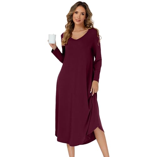 SHCNSJC Nachthemd Damen lang V-Ausschnitt Langarm Nachthemd für Damen Winter Nachtkleid langes Schlafhemd mit Taschen,Weinrot,M von SHCNSJC