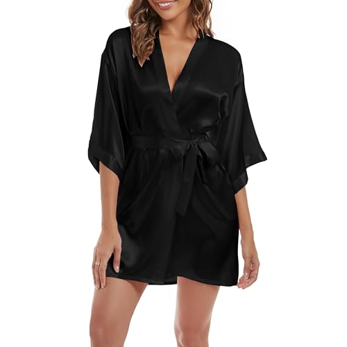 SHCNSJC Satin Bademantel Kimono Robe Damen Leicht Morgenmantel Kurzer Satin Bademantel mit Gürtel,Schwarz,L von SHCNSJC