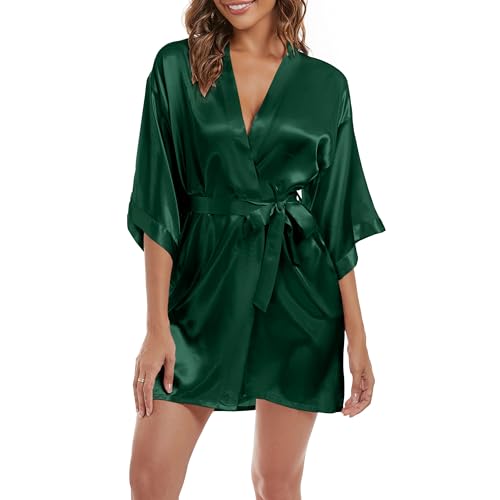 SHCNSJC Satin Bademantel Kimono Robe Damen Leicht Morgenmantel Kurzer Satin Bademantel mit Gürtel mit Gürtel,Dunkelgrün,M von SHCNSJC