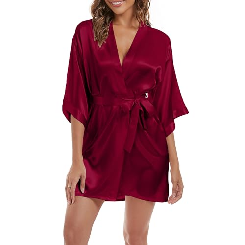SHCNSJC Satin Bademantel Kimono Robe Damen Leicht Morgenmantel Kurzer Satin Bademantel mit Gürtel mit Gürtel,Weinrot,L von SHCNSJC