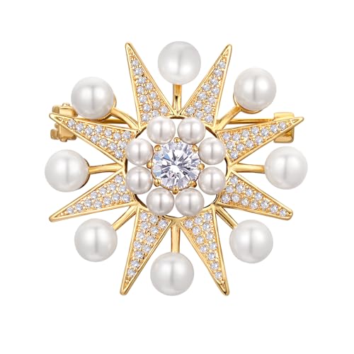 Brosche Vintage mit Barockperlen & Kristallen, SHE'S FREE STYLE JUST FOR YOU 8-Zack-Stern Anstecknadel, goldene Broschen für Kleidung, elegante Damen Brosche im Geschenkset von SHE'S FREE STYLE JUST FOR YOU