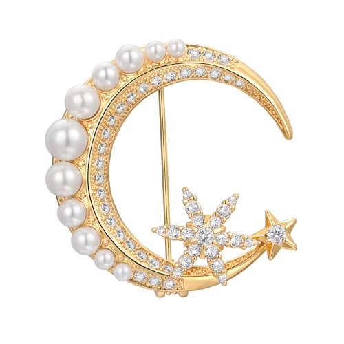 Brosche Vintage mit Barockperlen & Kristallen, SHE'S FREE STYLE JUST FOR YOU Mond & Stern Anstecknadel, goldene Broschen für Kleidung, elegante Damen Brosche im Geschenkset von SHE'S FREE STYLE JUST FOR YOU