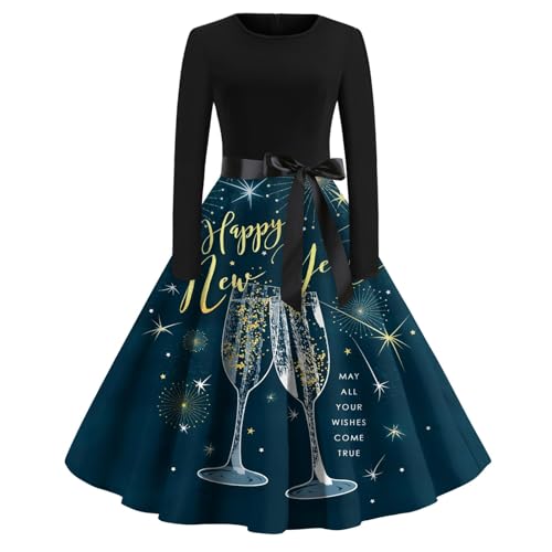 Damen Weihnachtskleid Damen Langarm Frauen Vintage 2024 Silvester Drucken Rockabilly Swing A-Linie Maxikleider Elegant Abendkleider Weihnachtskleid Damen Rot Sexy Brautmutterkleider(2-Black,M) von SHE.White