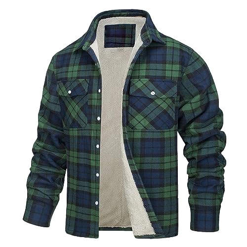 SHE.White Herren Hemd Langarm Männer Warm Karierte Fleece Gefütterte Button Down Jacke Mit Taschen Winter Fleecefutter Holzfällerhemd Hemdjacke(2-Dark Green,Xl) von SHE.White