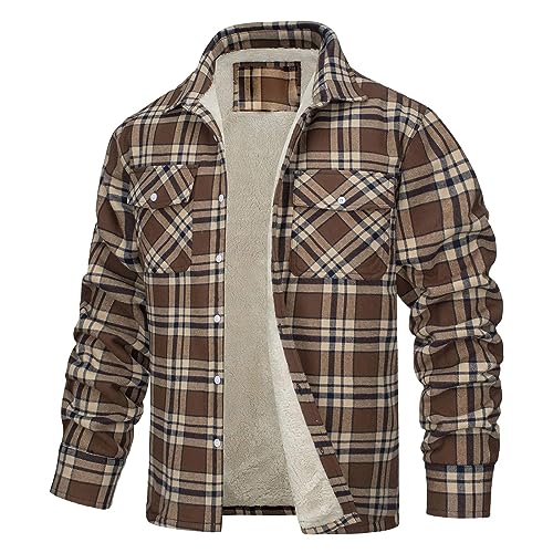 SHE.White Herren-Jacken Männer Warm Karierte Fleece Gefütterte Button Down Jacke Mit Taschen Winter Fleecefutter Holzfällerhemd Flanellhemdjacke Kapuzenjacke(2-Khaki,5Xl) von SHE.White