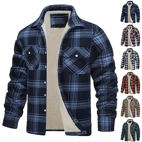 SHE.White Trachtenhemd Herren Slim Fit Männer Warm Karierte Fleece Gefütterte Button Down Jacke Mit Taschen Winter Fleecefutter Holzfällerhemd Winter Warme Fleecejacke(2-Blue,M) von SHE.White