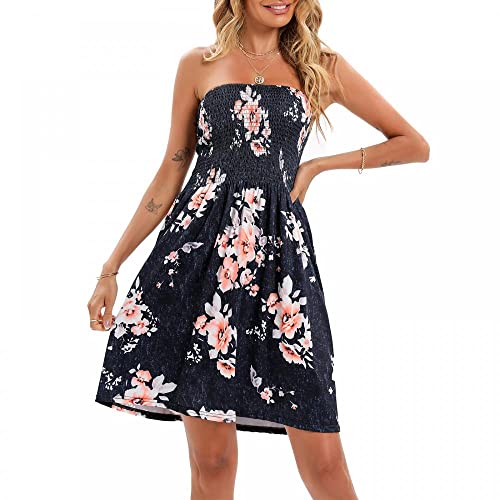 SHEBUYLLI Damen Bandeau Kleid Blumendruck Trägerlos Schlauchoberteil Minikleid Ärmellos A-Linie Strandkleid, dunkelgrau, Small von SHEBUYLLI