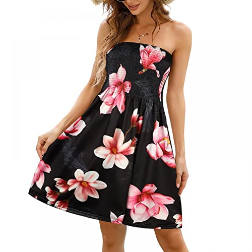 SHEBUYLLI Damen Trägerloses Schlauchkleid kurzes Kleid mit Blumenmuster, Ende der schwarzen, pinken Blumen, XX-Large von SHEBUYLLI