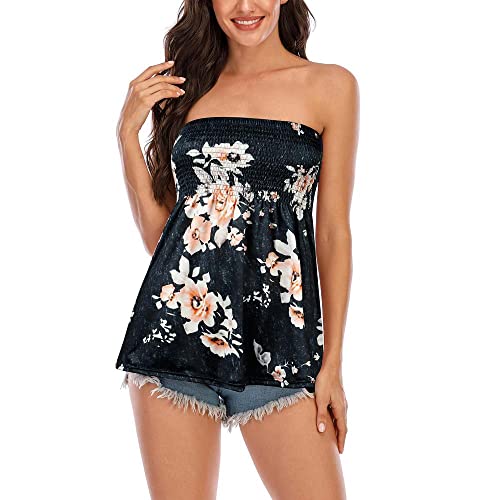 SHEBUYLLI Trägerloses Bandeau Top Lang Schulterfrei Bandeautop Sommer Sexy Schlauchshirt (Dark Grey Flower,XL) von SHEBUYLLI