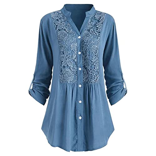 SHECO Cardigan Damen mit Knöpfen Revers Hemden Langarm V-Ausschnitt Polyester Elegant Casual mit Spitzen Exklusivität Langarmshirt Hemd für Frauen Hochwertiger Freizeitkleidung S-5XL von SHECO