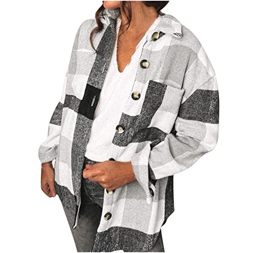 SHECO Damen Herbst Winter Casual Oversized wolljacke mit Tasche Streifen Plaid Lose Basic Revers Hemden Knit Hemdjacke Knöpfen Mantel Warme Langarmshirt Bluse Karierte Jacke von SHECO