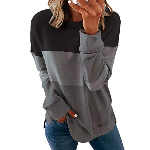 SHECO Damen Pullover Farbblock Solide Langarm Rundhals Casual Langarmshirt Freizeitkleidung Bluse Dicker kuschelig Sweatshirt délicat Y2K Streifen Streetwear Klassischer Schnitt Tops S-4XL von SHECO