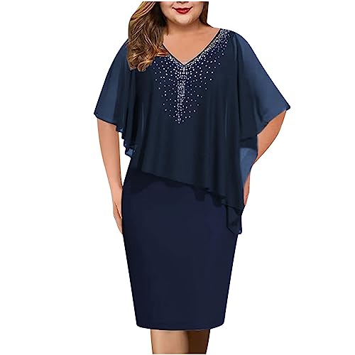 SHECO Damen Sommerkleid Elegant Angebote Ärmellos Knielang Strandkleider Lang Bedruckte Modische Heiße Diamant Chiffon Schal V-Ausschnitt Kleid Partykleid Weiß Spitze Tank Kleid Lang A262 Marineblau von SHECO