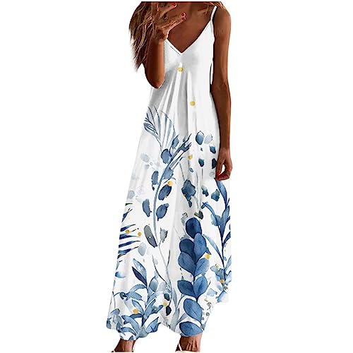 SHECO Damen Sommerkleid Elegant Angebote Ärmellos Teelang Maxikleid Langarm Baumwolle Langes Kleid Mit V-Ausschnitt Und Print Strandkleider Sommer Floral Print Tank Kleid A310 Weiß S von SHECO