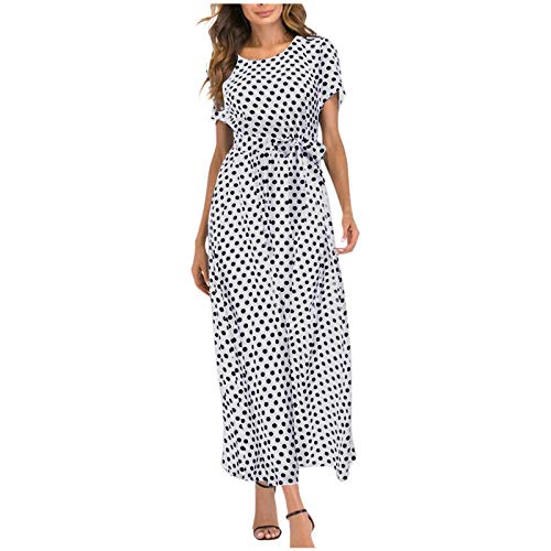 SHECO Damen Sommerkleid Elegant Angebote Kurzarm Knöchellang Kleider Sommer Elegant Sommerkleid Boho Maxikleid 50Er Rundhalsausschnitt Gebundenes Strandkleid Mit Polka Dot Print Strandkleider A228 von SHECO