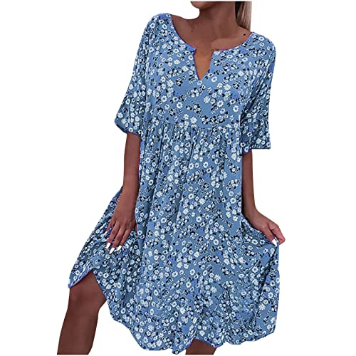 SHECO Damen Sommerkleid Elegant Sale Kurzarm Midi Strandkleider Damen Sommer Kurzarm Damen Blumiges Kurzärmeliges Lockeres Freizeitkleid Kurzärmeliges Kleid Mit V-Ausschnitt Blumenkleid Langarm A247 von SHECO