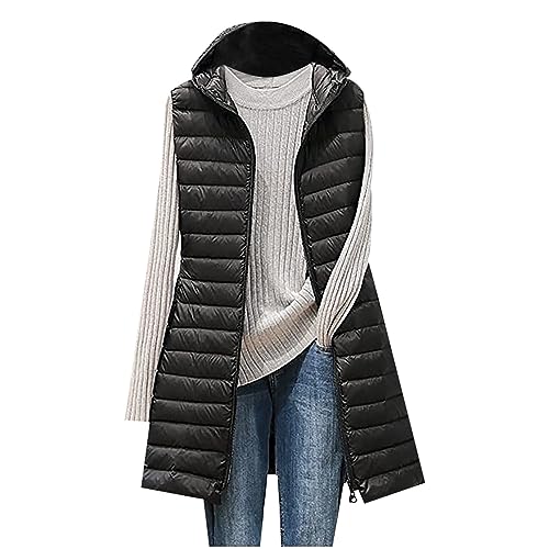 SHECO Damen Weste Steppweste Übergangs Daunenweste Kapuze Damenweste Steppweste Sportweste Übergangsjacke Bodywarmer Längere Outdoor Sweatkleid Damen Langarm Hoodie Vest Ärmellos Jacke von SHECO