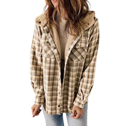 SHECO Damen Wolle holzfäller Freizeit Karobluse Retro Überwurf warm Karierte Hemden Damen Plaid mit Kapuze Kapuzenpullover Zotten Dicker Winter Herbst Gefüttert Hemdbluse mit Tasche Jacke von SHECO