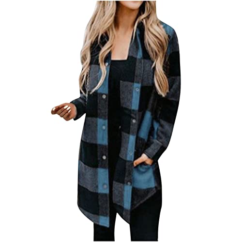 SHECO Jacke Damen Knöpfen Übergröße Bluse Wolltuch Mantel Lose Hemdjacke Reverskragen Karo Holzfällerjacke Mode Langarm Hemdbluse Übergangsjacke Mantel mit Brusttaschen von SHECO